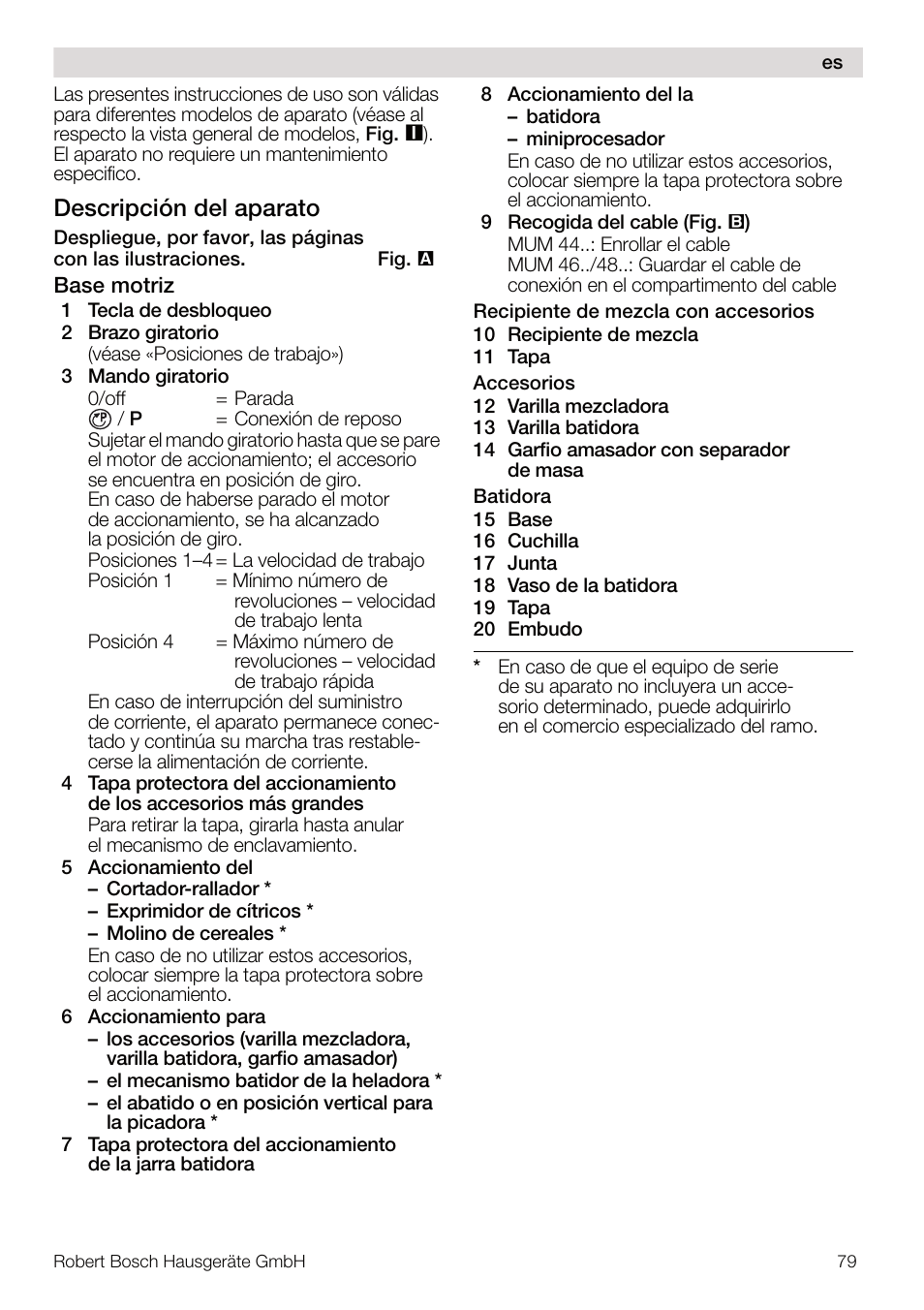 Descripción del aparato | Bosch MUM4832 KITCHEN MACHINE 600W BLANC Couleur blanc blanc User Manual | Page 79 / 174