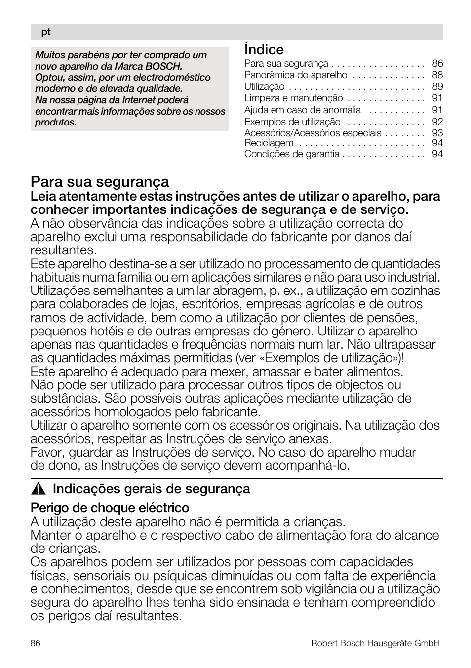 Para sua segurança, Índice | Bosch MUM4832 KITCHEN MACHINE 600W BLANC Couleur blanc blanc User Manual | Page 86 / 174