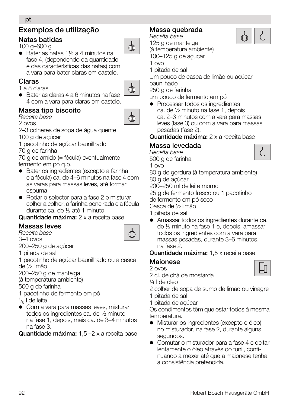 Exemplos de utilização | Bosch MUM4832 KITCHEN MACHINE 600W BLANC Couleur blanc blanc User Manual | Page 92 / 174