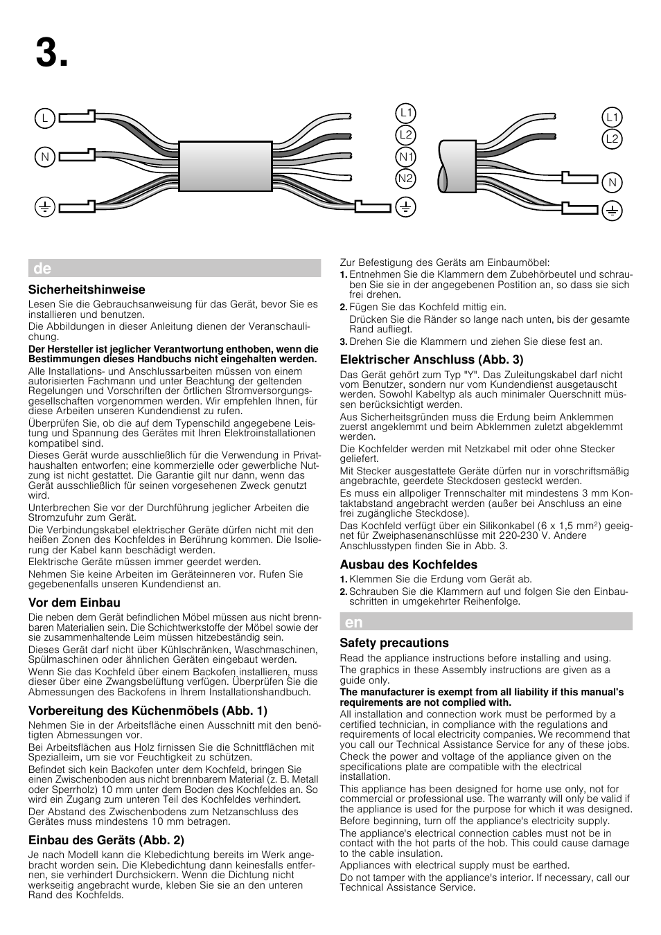 Sicherheitshinweise, Vor dem einbau, Vorbereitung des küchenmöbels (abb. 1) | Einbau des geräts (abb. 2), Fügen sie das kochfeld mittig ein, Elektrischer anschluss (abb. 3), Ausbau des kochfeldes, Klemmen sie die erdung vom gerät ab, Safety precautions | Bosch NCT615C01 Table électrique 60cm User Manual | Page 2 / 4