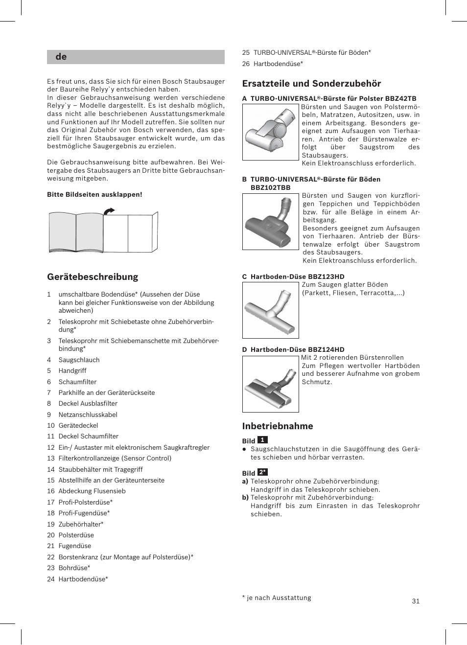 Gerätebeschreibung, Ersatzteile und sonderzubehör, Inbetriebnahme | Bosch Aspirateur sans sac BGS32200 Bosch Relyyy Technologie sans sac innovante SensorBagless User Manual | Page 32 / 140