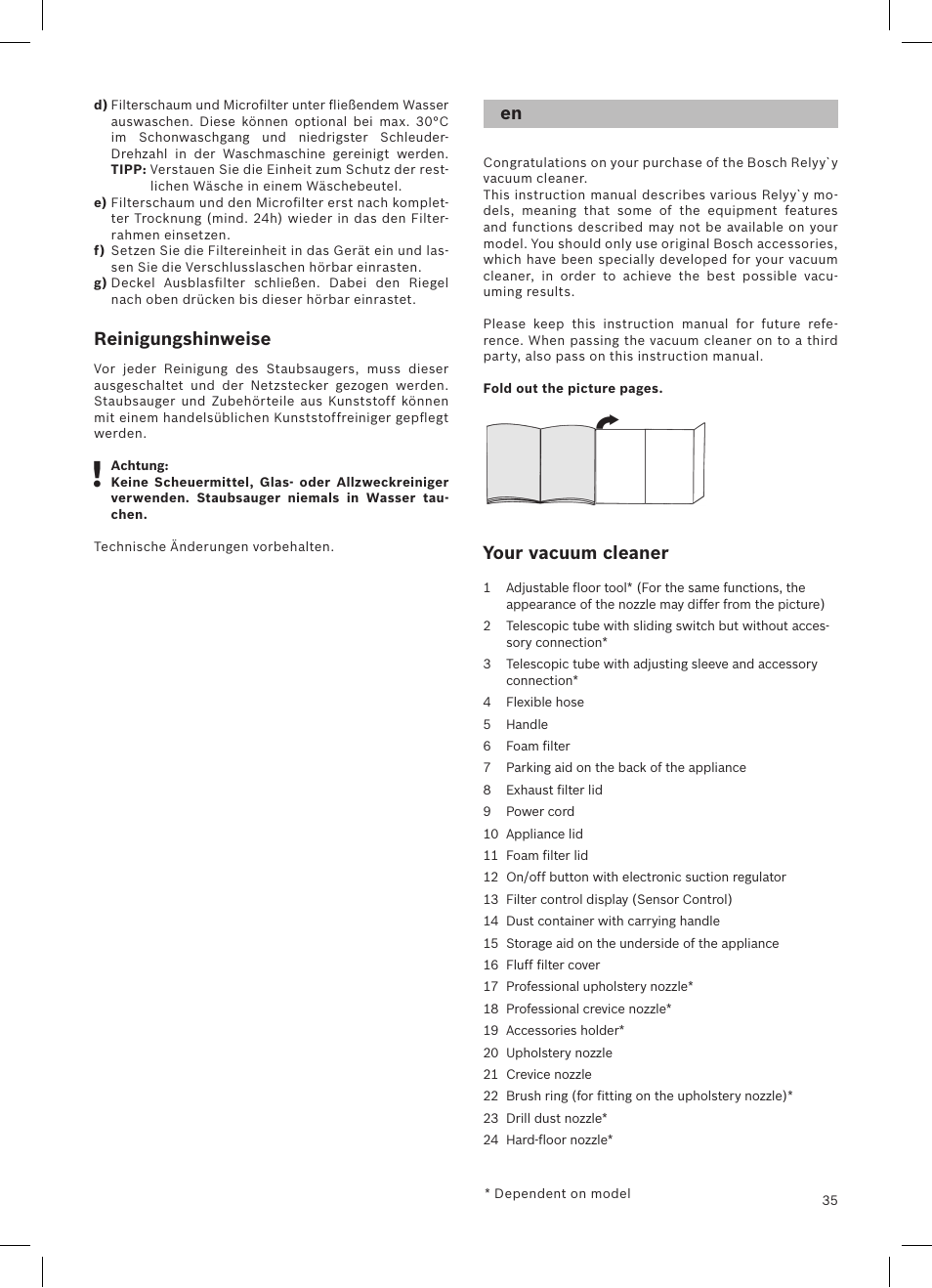 Reinigungshinweise, Your vacuum cleaner | Bosch Aspirateur sans sac BGS32200 Bosch Relyyy Technologie sans sac innovante SensorBagless User Manual | Page 36 / 140