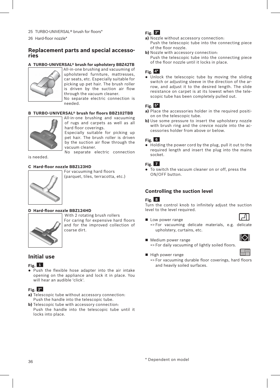 Replacement parts and special accesso- ries, Initial use | Bosch Aspirateur sans sac BGS32200 Bosch Relyyy Technologie sans sac innovante SensorBagless User Manual | Page 37 / 140