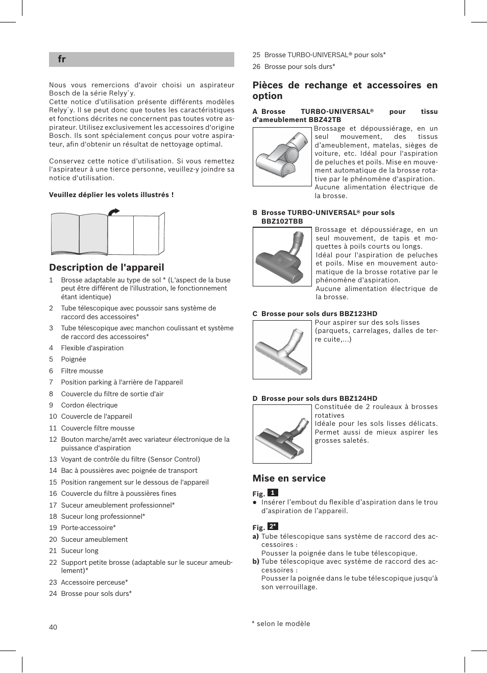 Description de l'appareil, Pièces de rechange et accessoires en option, Mise en service | Bosch Aspirateur sans sac BGS32200 Bosch Relyyy Technologie sans sac innovante SensorBagless User Manual | Page 41 / 140