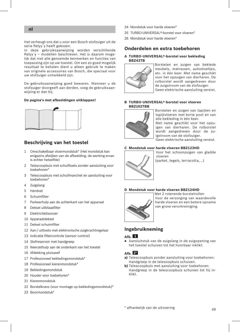 Beschrijving van het toestel, Onderdelen en extra toebehoren, Ingebruikneming | Bosch Aspirateur sans sac BGS32200 Bosch Relyyy Technologie sans sac innovante SensorBagless User Manual | Page 50 / 140