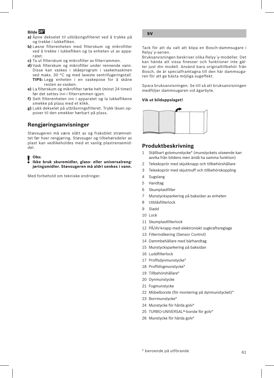 Rengjøringsanvisninger, Produktbeskrivning | Bosch Aspirateur sans sac BGS32200 Bosch Relyyy Technologie sans sac innovante SensorBagless User Manual | Page 62 / 140