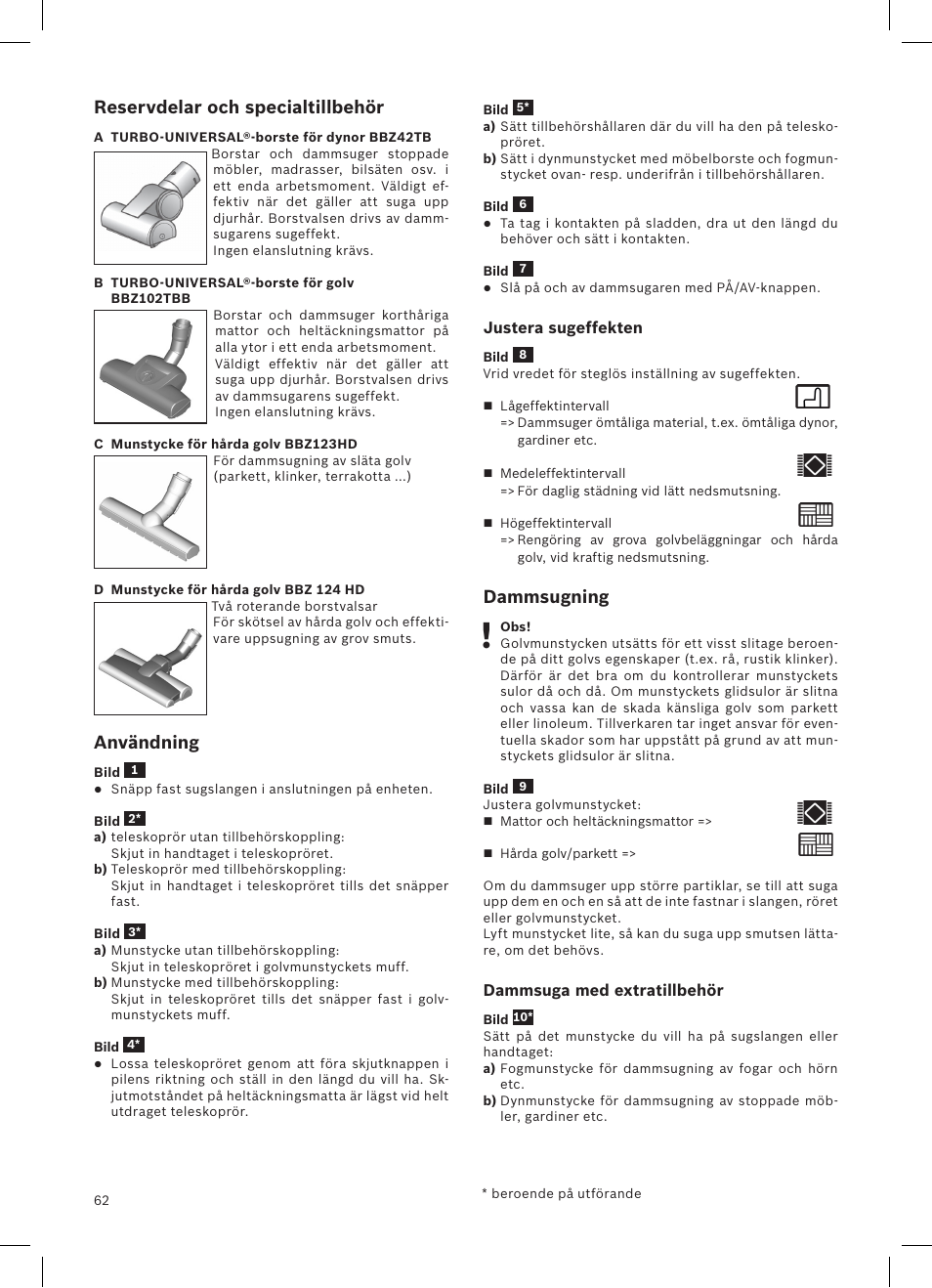 Reservdelar och specialtillbehör, Användning, Dammsugning | Bosch Aspirateur sans sac BGS32200 Bosch Relyyy Technologie sans sac innovante SensorBagless User Manual | Page 63 / 140