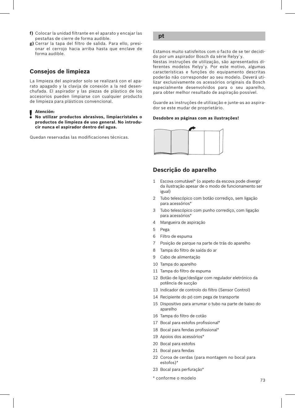 Consejos de limpieza, Descrição do aparelho | Bosch Aspirateur sans sac BGS32200 Bosch Relyyy Technologie sans sac innovante SensorBagless User Manual | Page 74 / 140