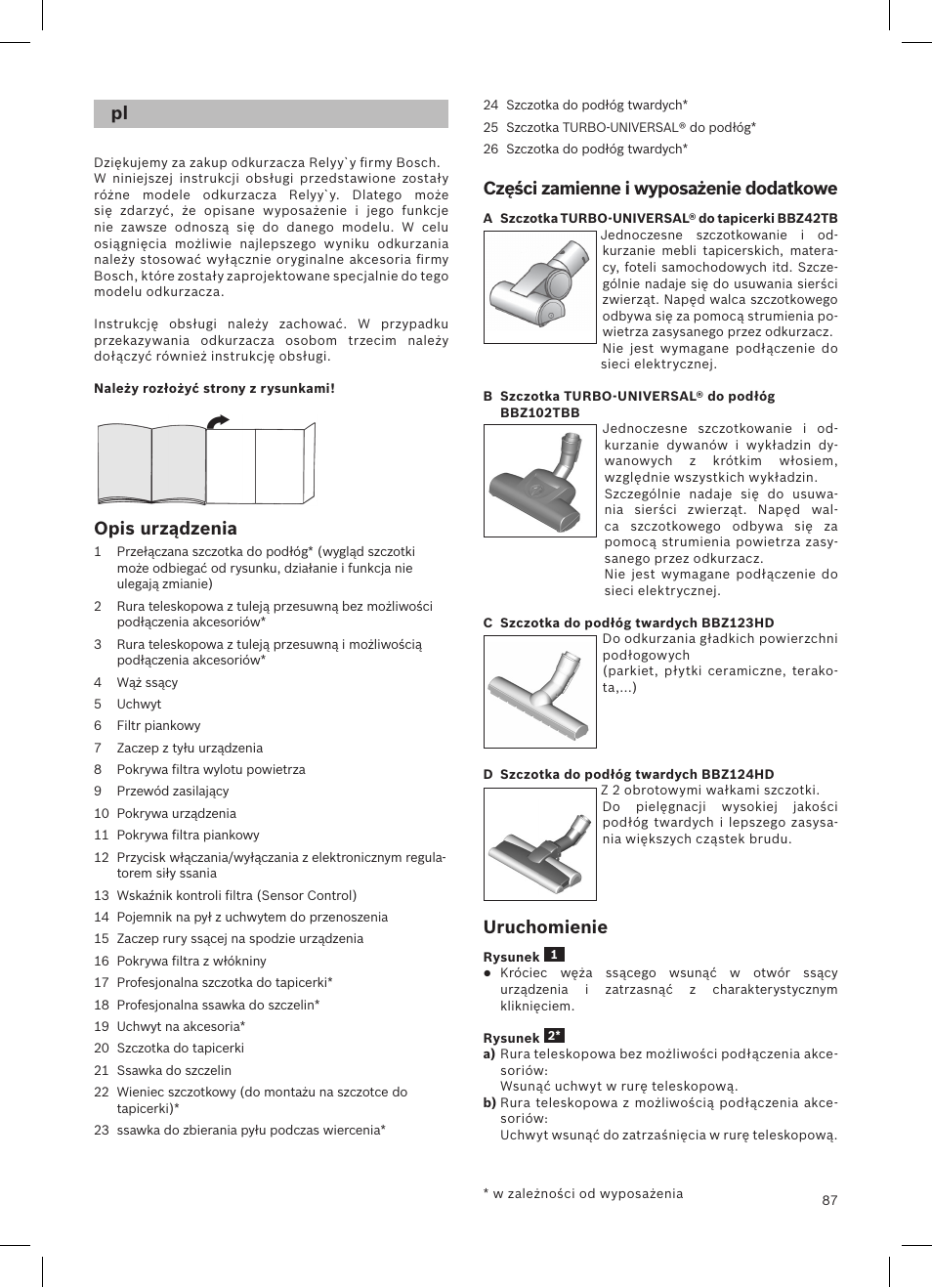 Opis urządzenia, Części zamienne i wyposażenie dodatkowe, Uruchomienie | Bosch Aspirateur sans sac BGS32200 Bosch Relyyy Technologie sans sac innovante SensorBagless User Manual | Page 88 / 140