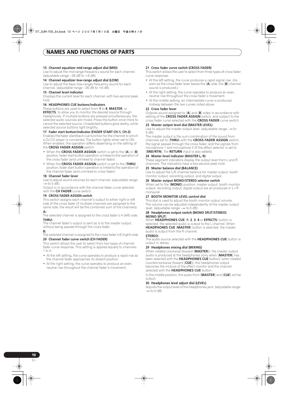 Names and functions of parts | Pioneer DJM-700-S User Manual | Page 10 / 184