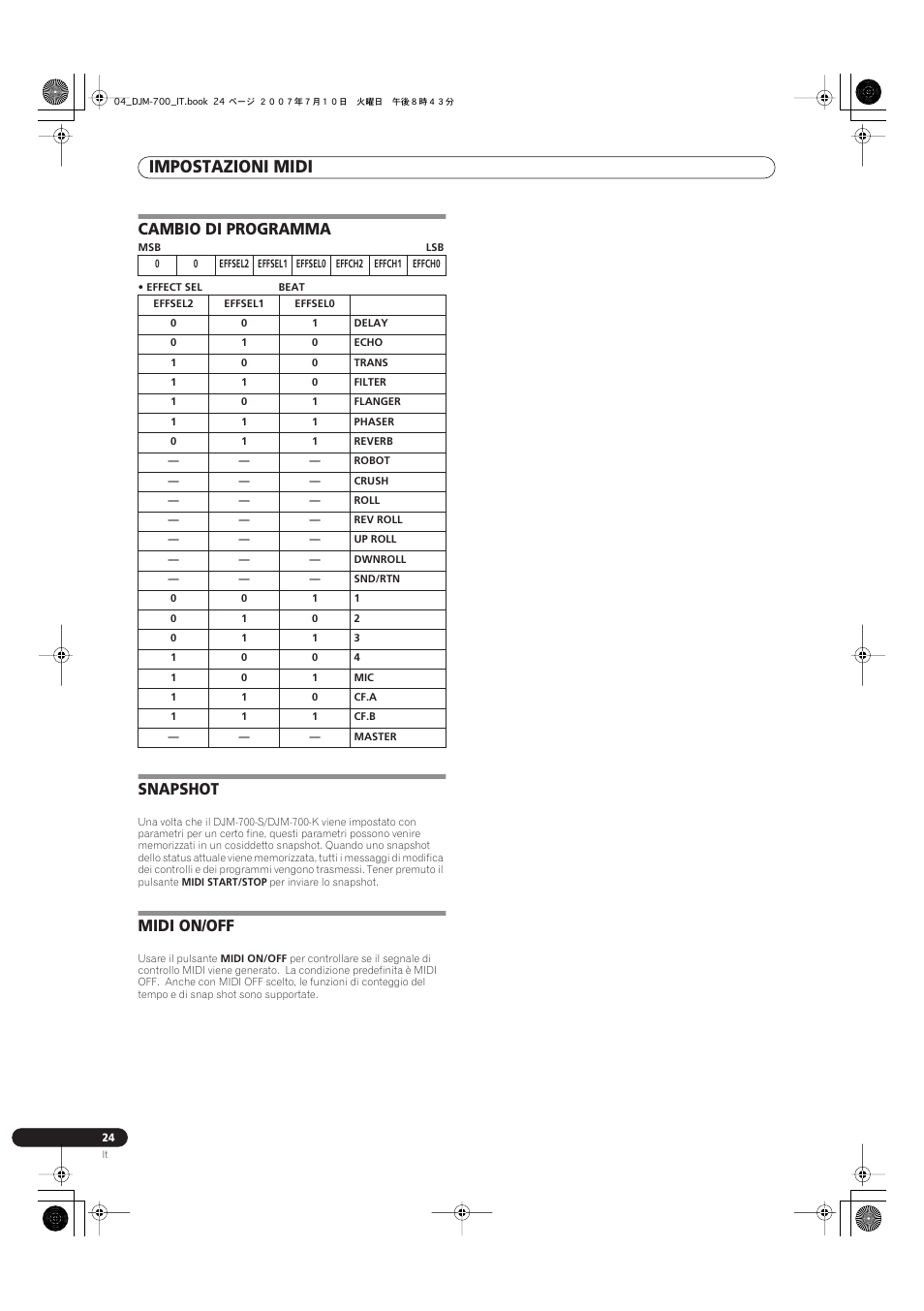 Cambio di programma snapshot midi on/off, Impostazioni midi, Cambio di programma | Snapshot, Midi on/off | Pioneer DJM-700-S User Manual | Page 102 / 184