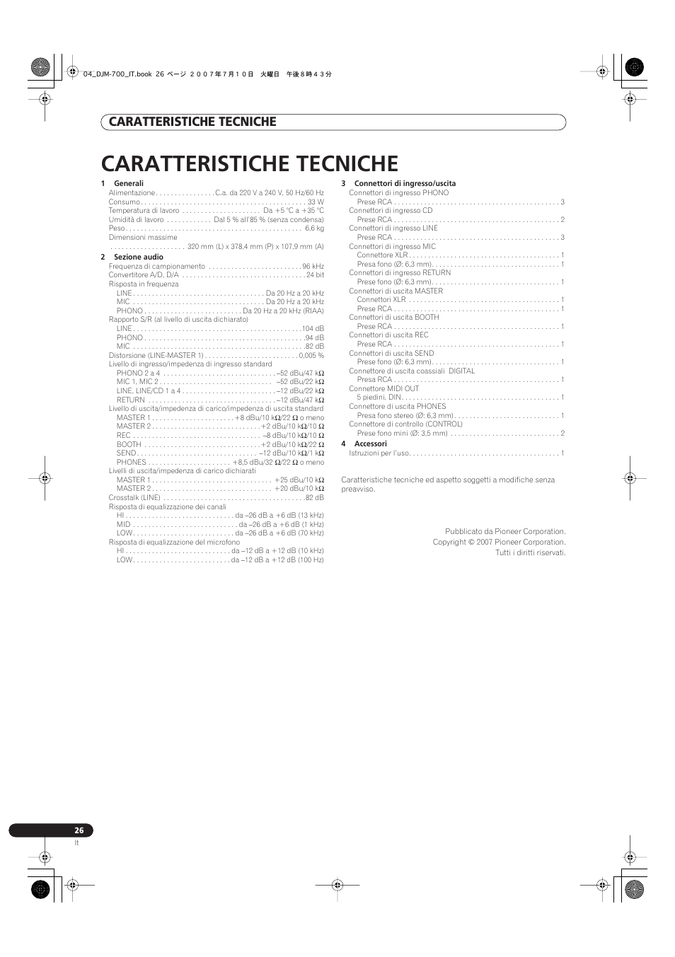 Caratteristiche tecniche | Pioneer DJM-700-S User Manual | Page 104 / 184
