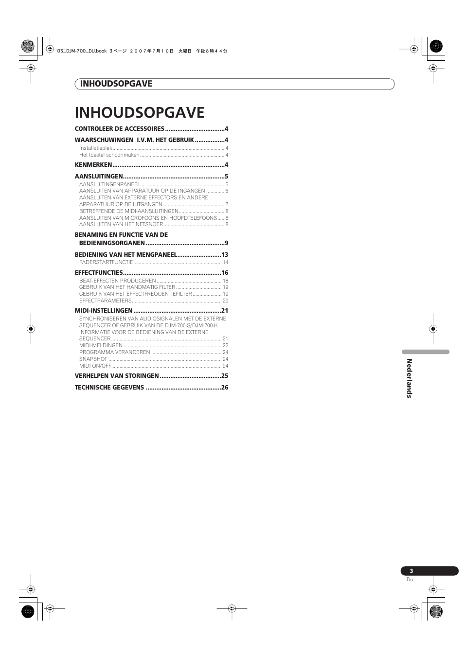 Dj mengpaneel, Gebruiksaanwijzing, Inhoudsopgave | Pioneer DJM-700-S User Manual | Page 107 / 184
