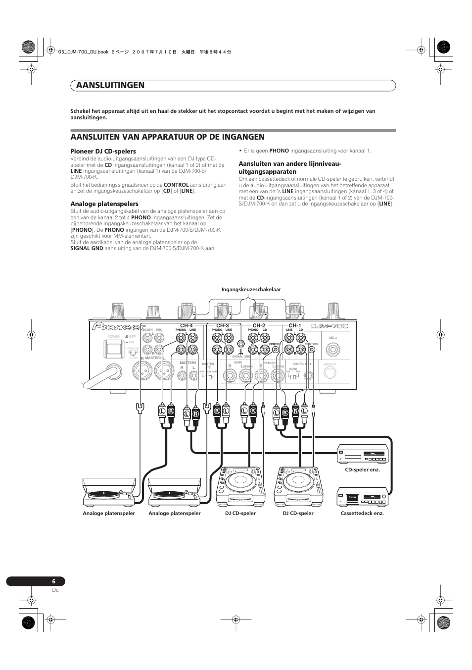 Aansluiten van apparatuur op de ingangen, Aansluitingen, Pioneer dj cd-spelers | Analoge platenspelers | Pioneer DJM-700-S User Manual | Page 110 / 184