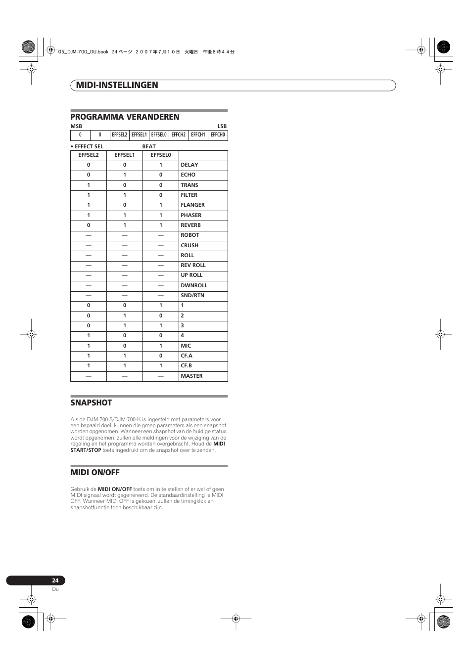 Programma veranderen snapshot midi on/off, Midi-instellingen, Programma veranderen | Snapshot, Midi on/off | Pioneer DJM-700-S User Manual | Page 128 / 184