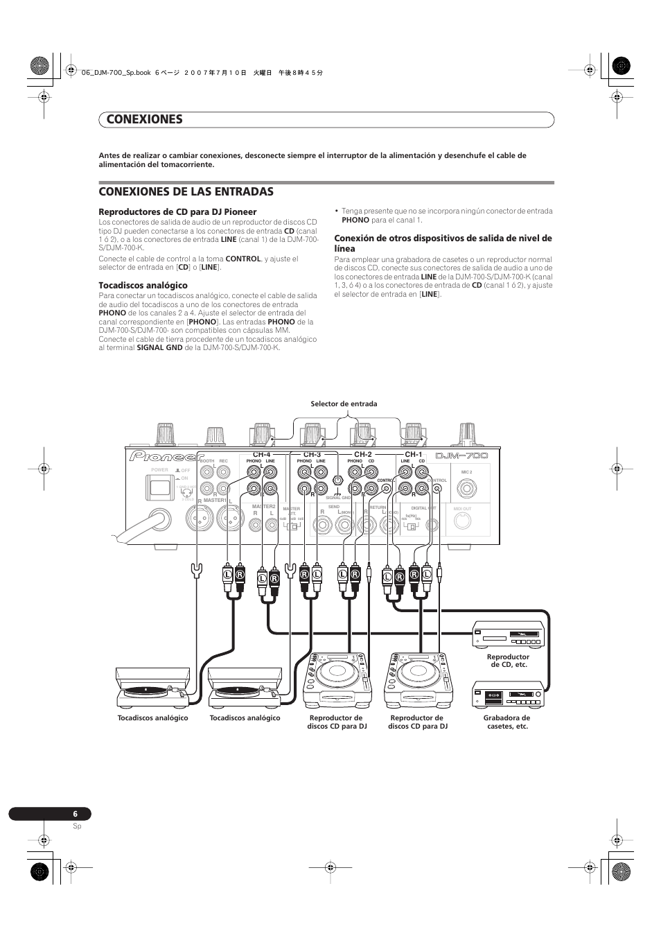Conexiones de las entradas, Conexiones, Reproductores de cd para dj pioneer | Tocadiscos analógico | Pioneer DJM-700-S User Manual | Page 136 / 184