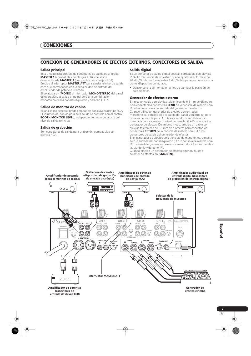 Conexiones, Español, Salida principal | Salida de monitor de cabina, Salida de grabación, Salida digital, Generador de efectos externo | Pioneer DJM-700-S User Manual | Page 137 / 184