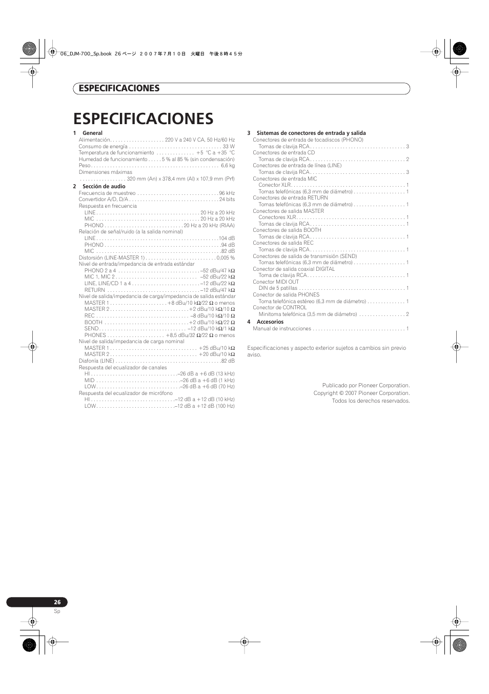 Especificaciones | Pioneer DJM-700-S User Manual | Page 156 / 184