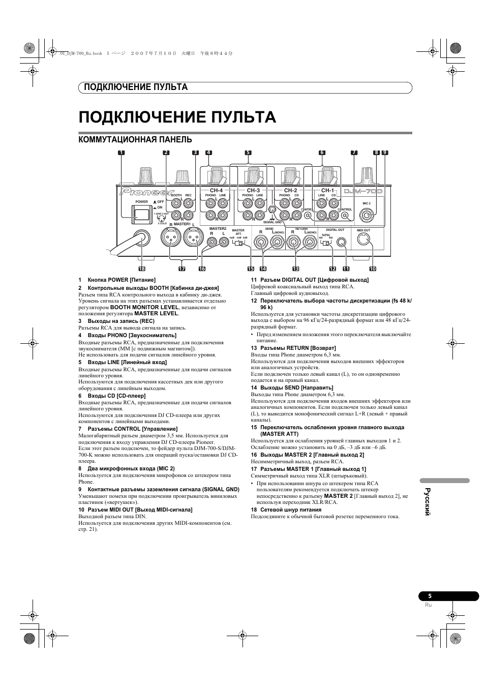 Подключение пульта, Коммутационная панель, Pycc ки й | Pioneer DJM-700-S User Manual | Page 161 / 184