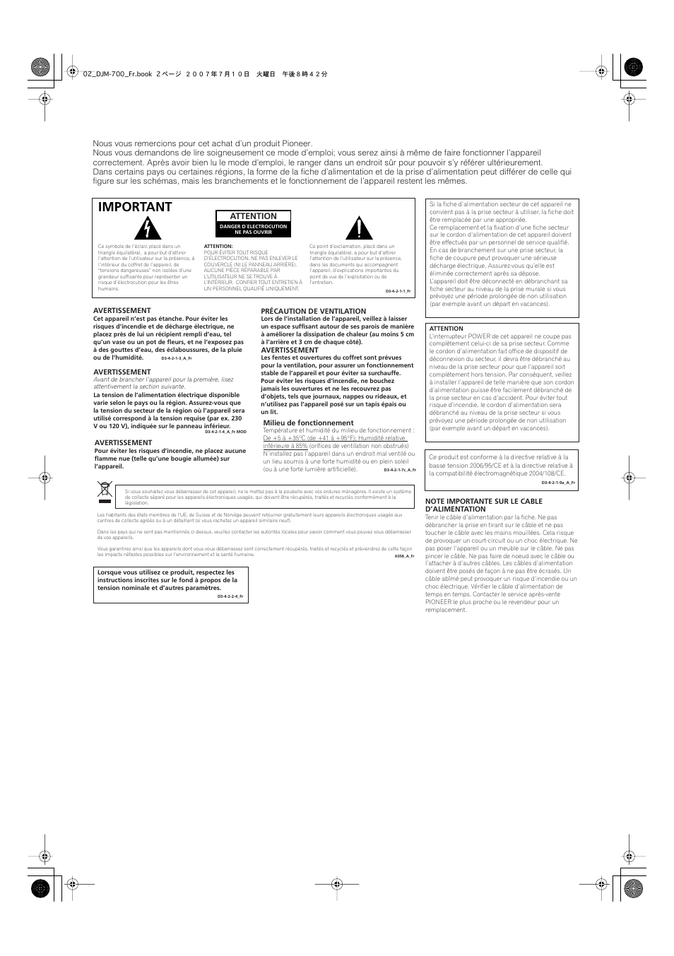 Important, Attention | Pioneer DJM-700-S User Manual | Page 28 / 184