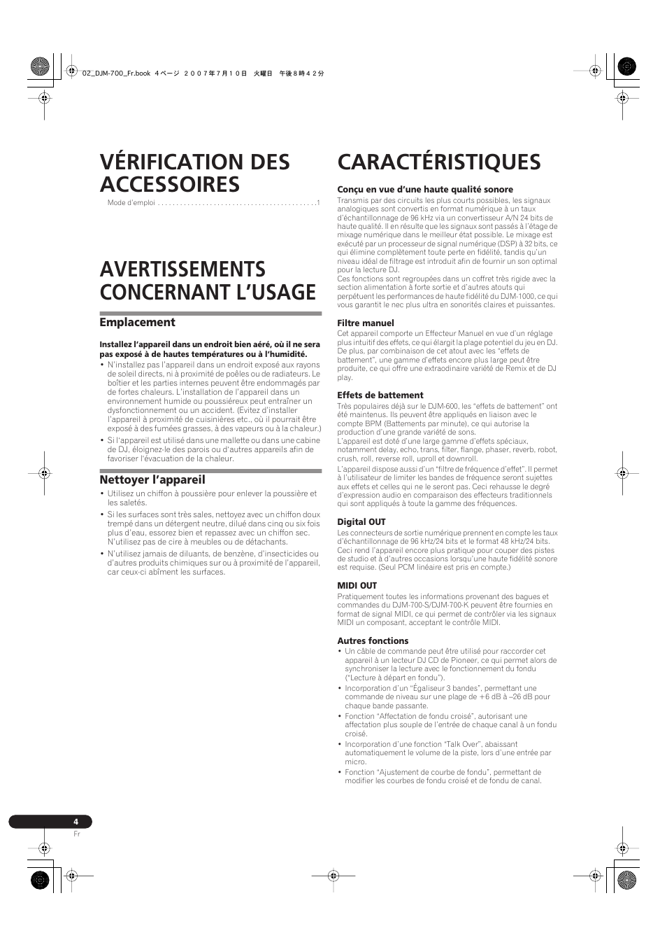 Vérification des accessoires, Avertissements concernant l’usage, Emplacement nettoyer l’appareil | Caractéristiques, Emplacement, Nettoyer l’appareil | Pioneer DJM-700-S User Manual | Page 30 / 184