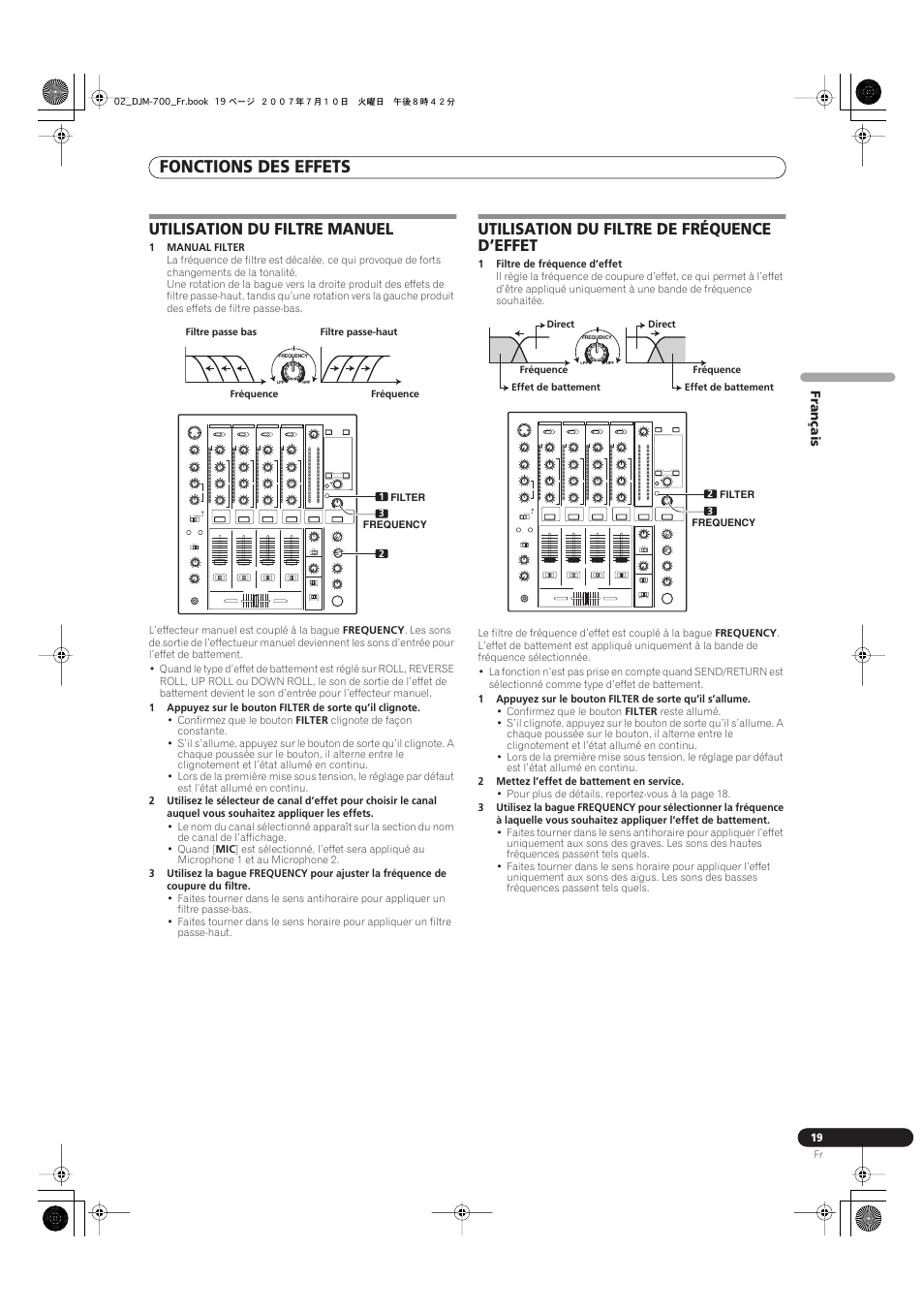 Fonctions des effets, Utilisation du filtre manuel, Utilisation du filtre de fréquence d’effet | Pioneer DJM-700-S User Manual | Page 45 / 184