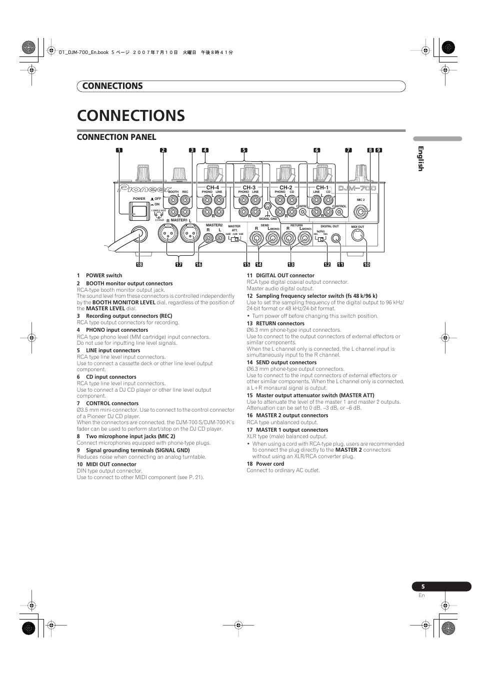 Connections, Connection panel | Pioneer DJM-700-S User Manual | Page 5 / 184