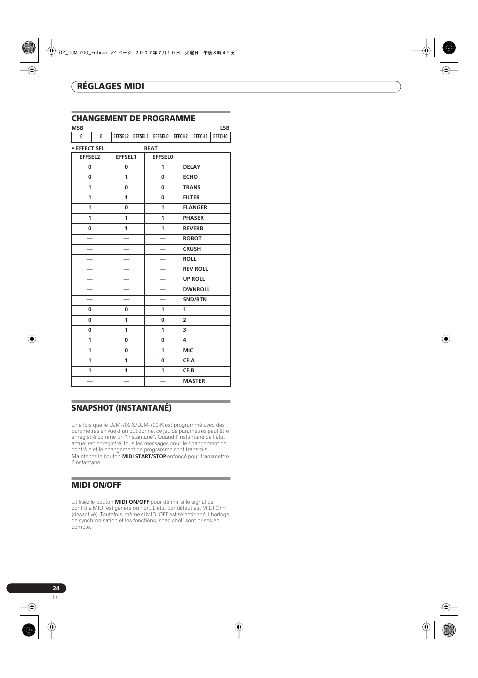 Réglages midi, Changement de programme, Snapshot (instantané) | Midi on/off | Pioneer DJM-700-S User Manual | Page 50 / 184