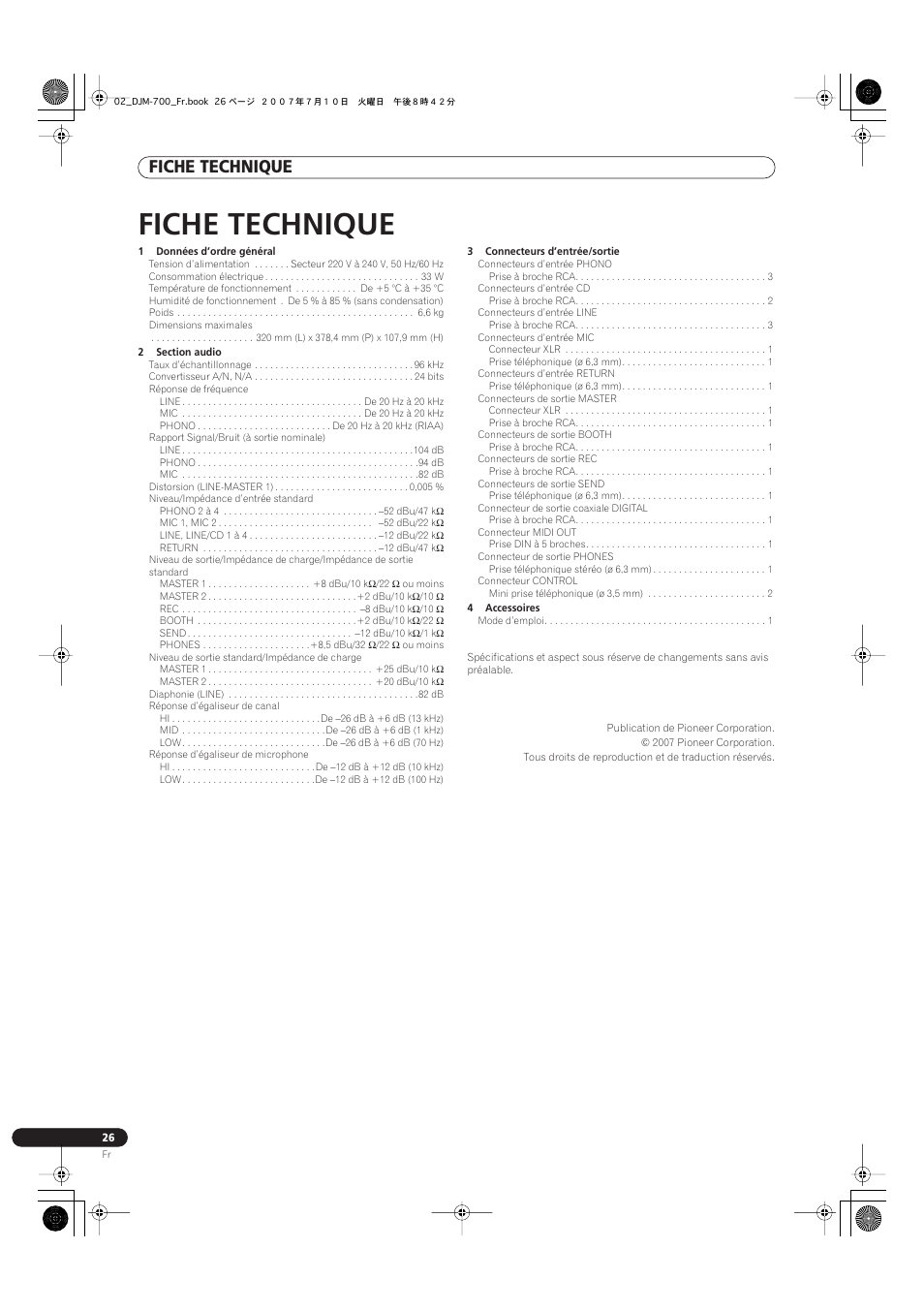 Fiche technique | Pioneer DJM-700-S User Manual | Page 52 / 184