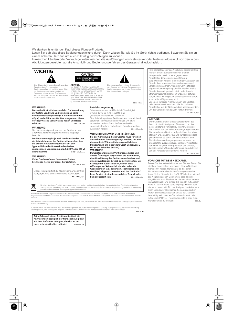 Wichtig, Caution | Pioneer DJM-700-S User Manual | Page 54 / 184