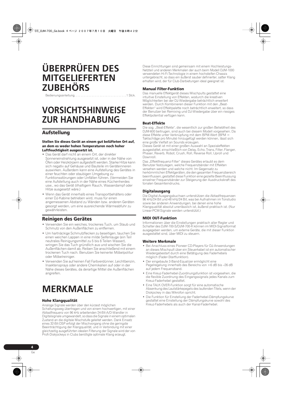 Überprüfen des mitgelieferten zubehörs, Vorsichtshinweise zur handhabung, Aufstellung reinigen des gerätes | Merkmale, Aufstellung, Reinigen des gerätes | Pioneer DJM-700-S User Manual | Page 56 / 184