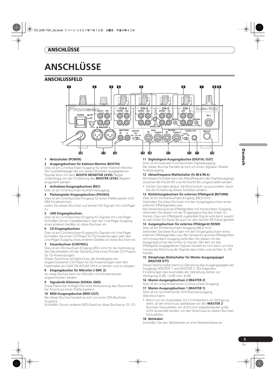 Anschlüsse, Anschlussfeld | Pioneer DJM-700-S User Manual | Page 57 / 184