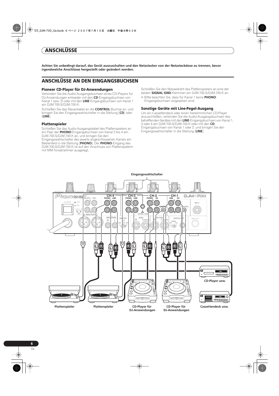 Anschlüsse an den eingangsbuchsen, Anschlüsse, Pioneer cd-player für dj-anwendungen | Plattenspieler, Sonstige geräte mit line-pegel-ausgang | Pioneer DJM-700-S User Manual | Page 58 / 184