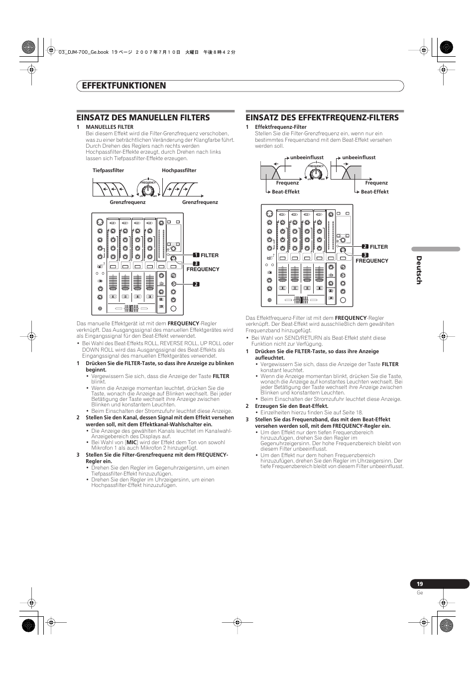 Effektfunktionen, Einsatz des manuellen filters, Einsatz des effektfrequenz-filters | Pioneer DJM-700-S User Manual | Page 71 / 184