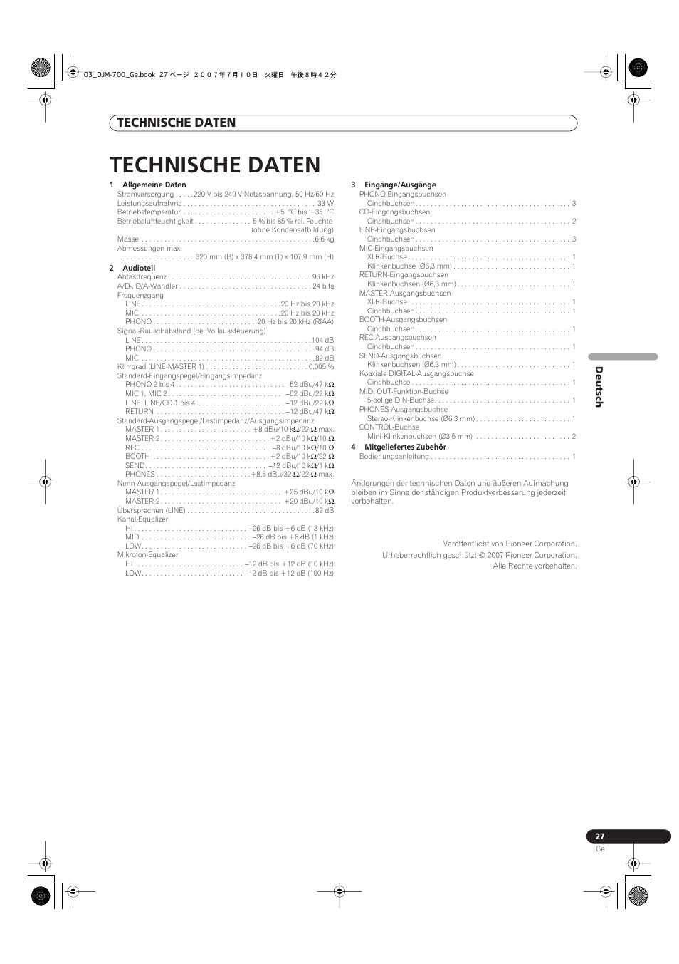 Technische daten | Pioneer DJM-700-S User Manual | Page 79 / 184