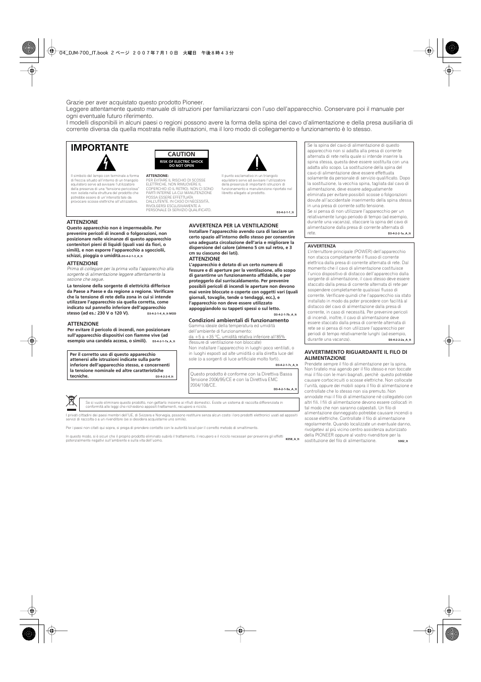 Importante, Caution | Pioneer DJM-700-S User Manual | Page 80 / 184