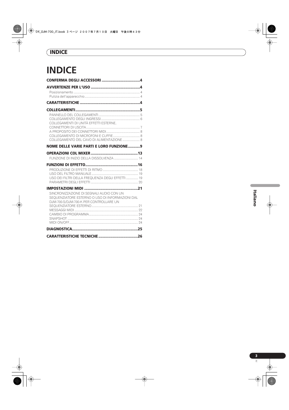 Mixer per dj, Istruzioni per l’uso, Indice | Pioneer DJM-700-S User Manual | Page 81 / 184