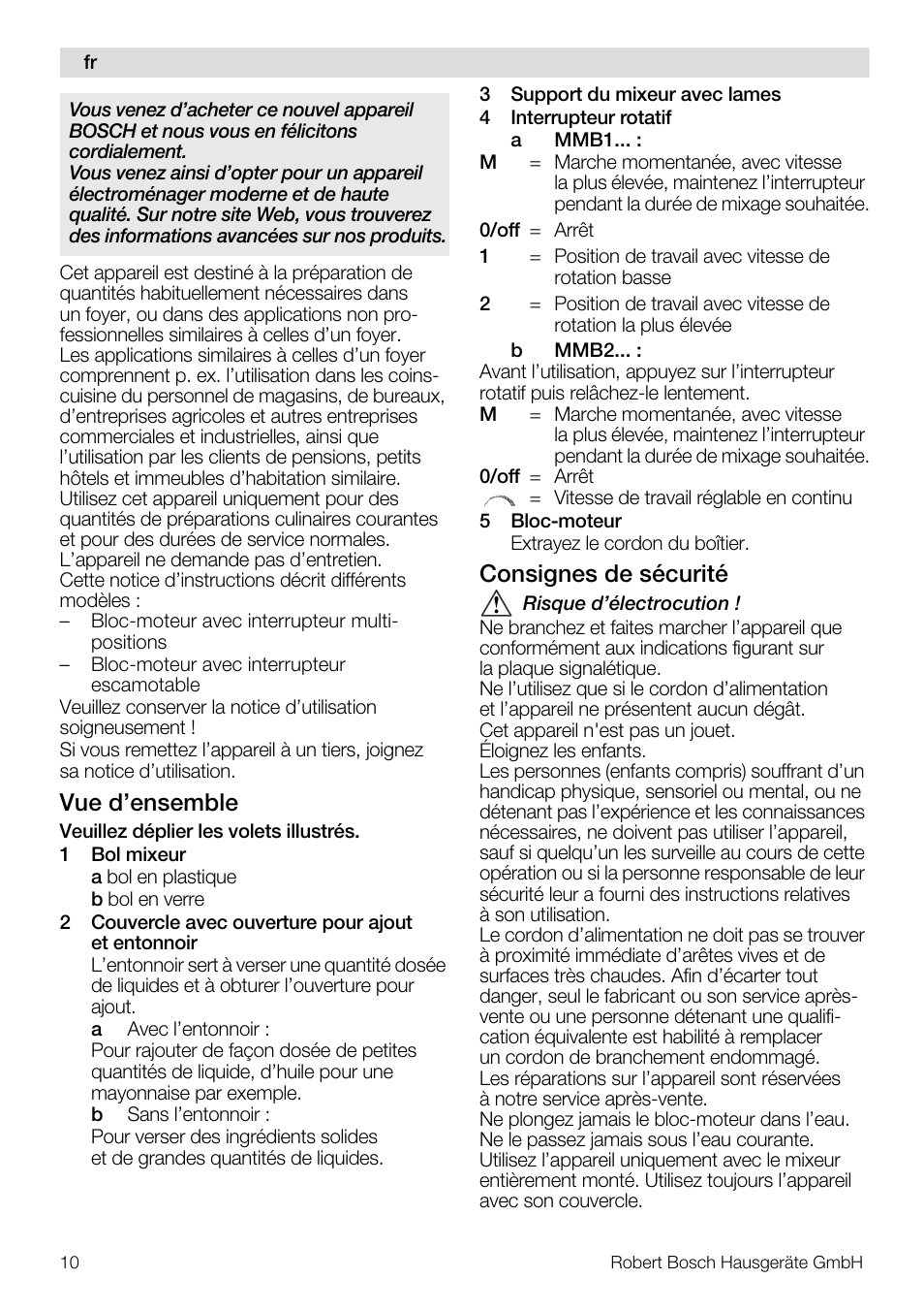 Vue d’ensemble, Consignes de sécurité | Bosch MMB11R2 Blender rouge User Manual | Page 10 / 94