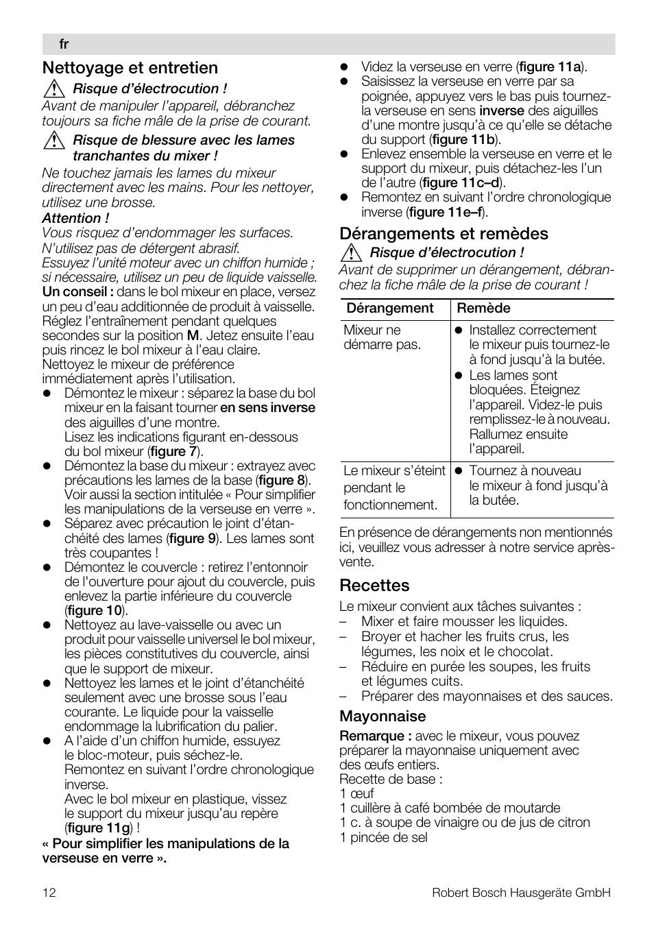 Nettoyage et entretien, Dérangements et remèdes, Recettes | Bosch MMB11R2 Blender rouge User Manual | Page 12 / 94