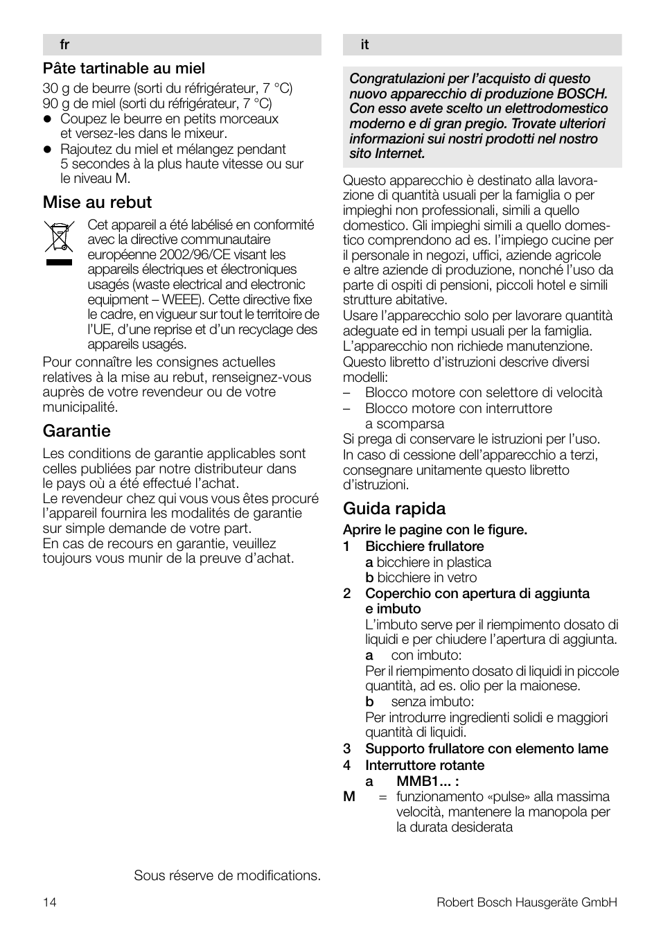 Mise au rebut, Garantie, Guida rapida | Bosch MMB11R2 Blender rouge User Manual | Page 14 / 94