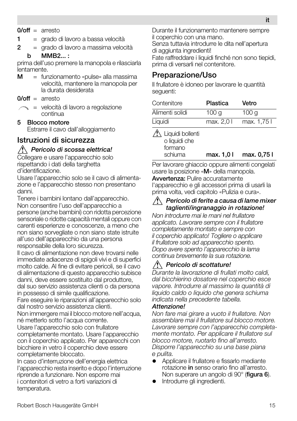 Istruzioni di sicurezza, Preparazione/uso | Bosch MMB11R2 Blender rouge User Manual | Page 15 / 94