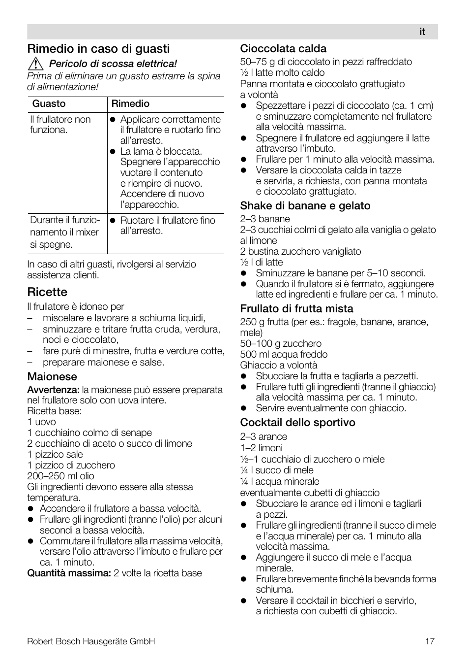 Rimedio in caso di guasti, Ricette | Bosch MMB11R2 Blender rouge User Manual | Page 17 / 94