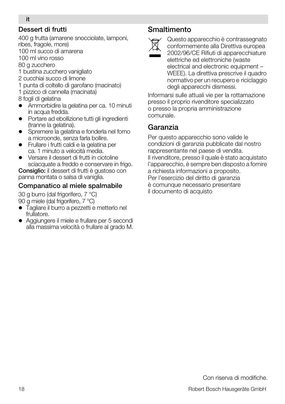 Smaltimento, Garanzia | Bosch MMB11R2 Blender rouge User Manual | Page 18 / 94