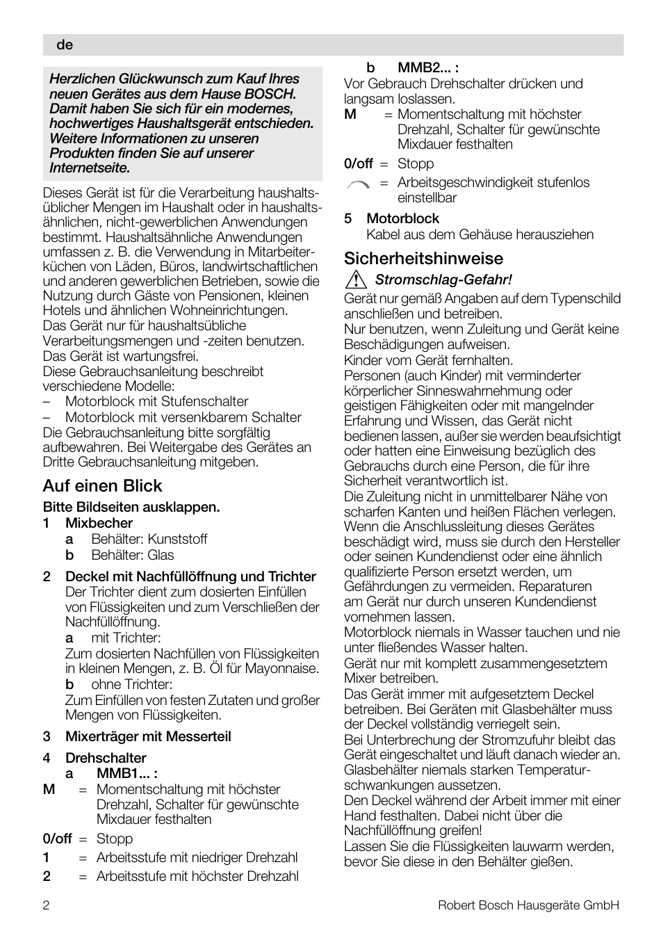 Auf einen blick, Sicherheitshinweise | Bosch MMB11R2 Blender rouge User Manual | Page 2 / 94