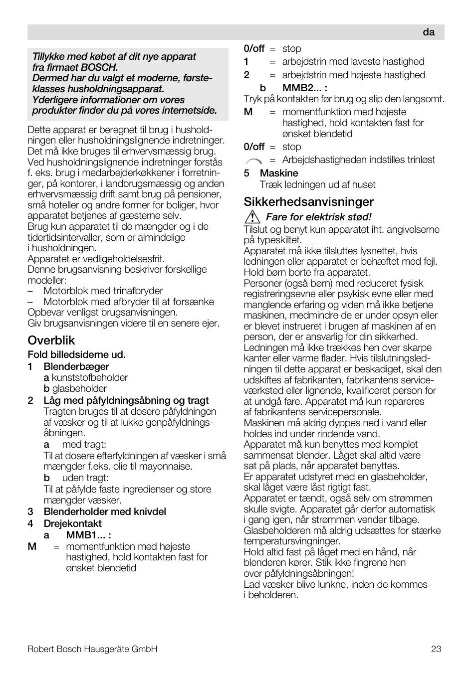 Overblik, Sikkerhedsanvisninger | Bosch MMB11R2 Blender rouge User Manual | Page 23 / 94