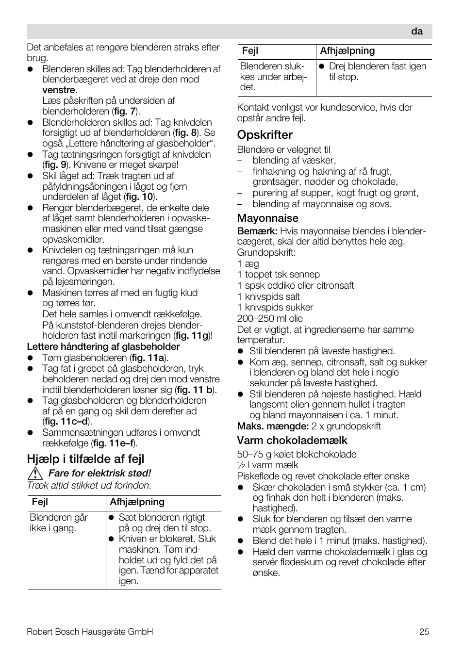 Hjælp i tilfælde af fejl, Opskrifter | Bosch MMB11R2 Blender rouge User Manual | Page 25 / 94