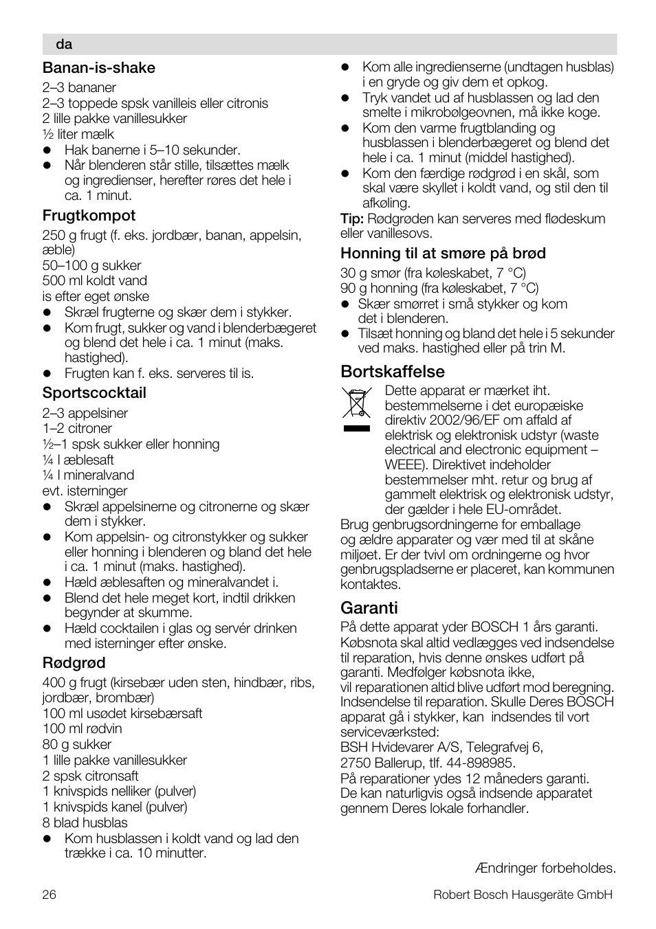 Bortskaffelse, Garanti | Bosch MMB11R2 Blender rouge User Manual | Page 26 / 94