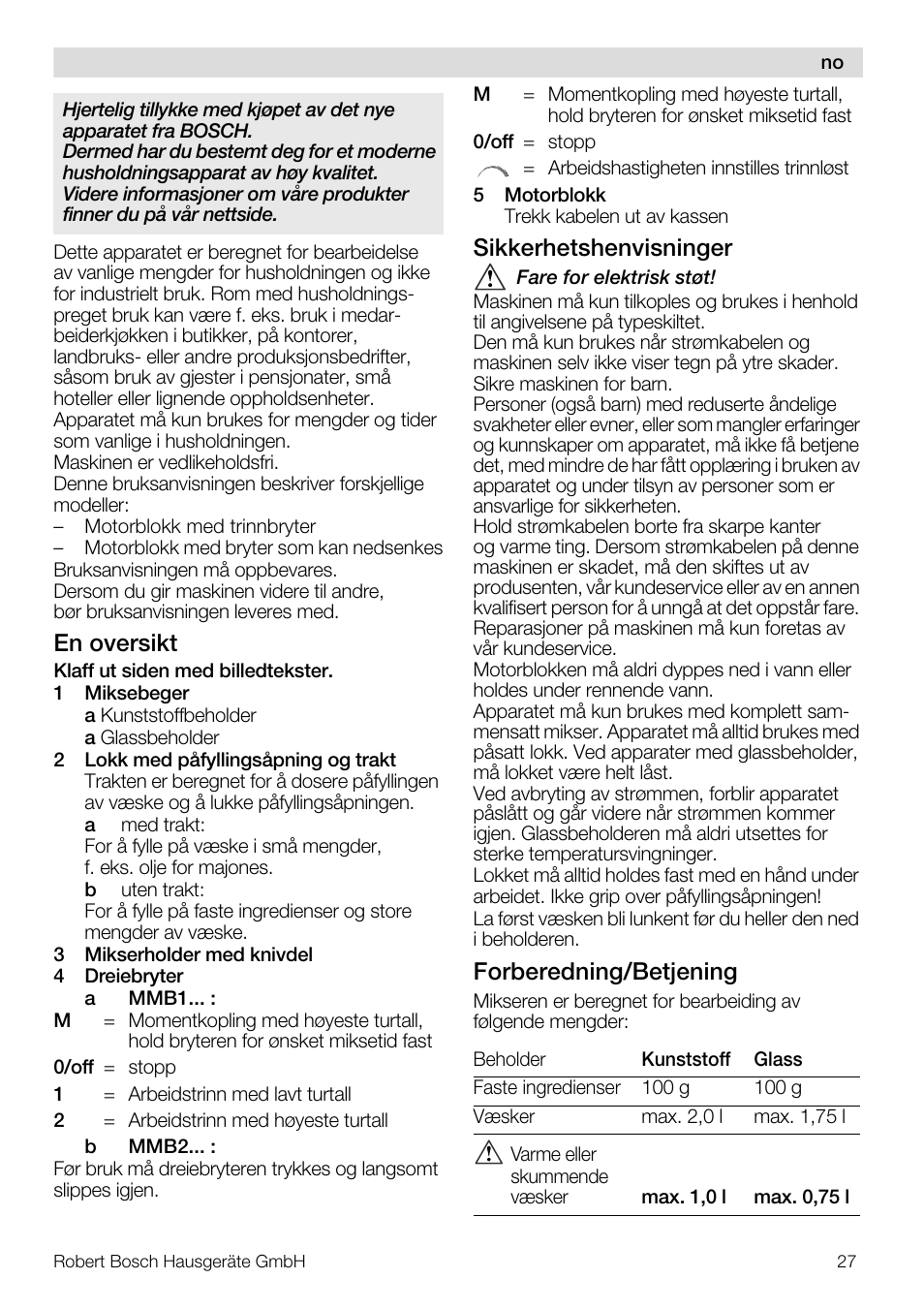 En oversikt, Sikkerhetshenvisninger, Forberedning/betjening | Bosch MMB11R2 Blender rouge User Manual | Page 27 / 94