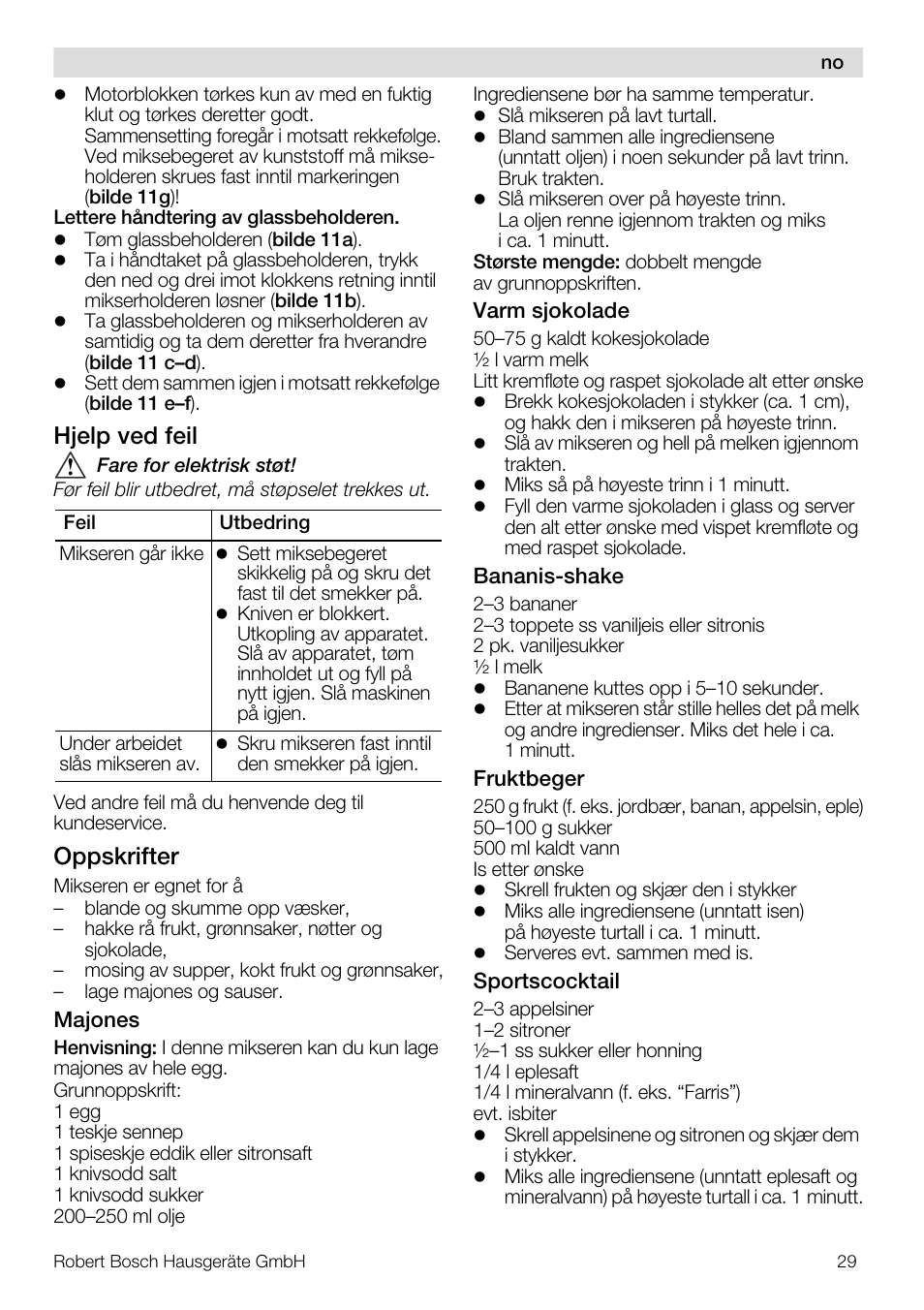 Hjelp ved feil, Oppskrifter | Bosch MMB11R2 Blender rouge User Manual | Page 29 / 94