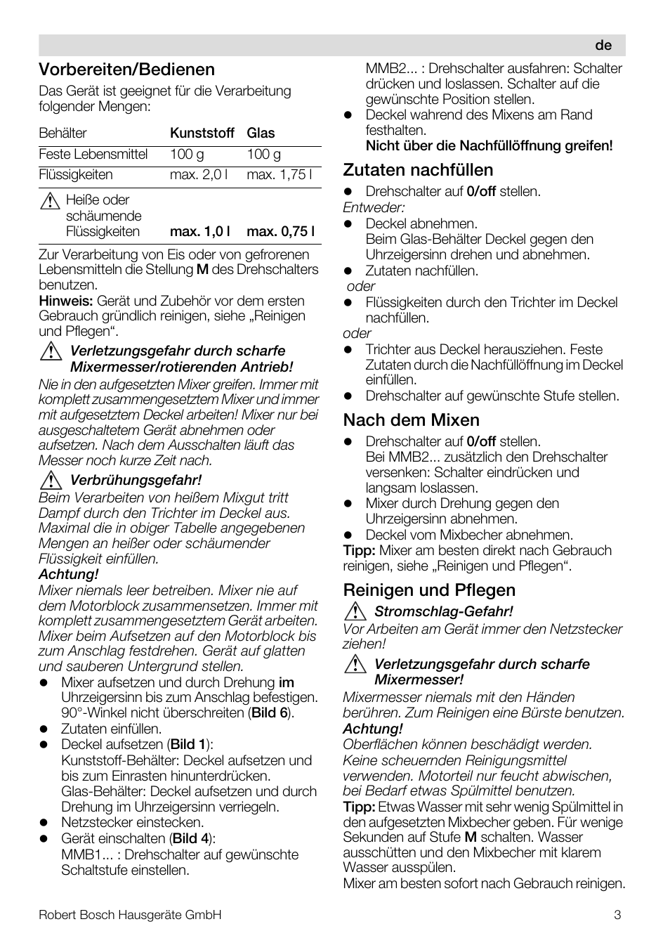 Vorbereiten/bedienen, Zutaten nachfüllen, Nach dem mixen | Reinigen und pflegen | Bosch MMB11R2 Blender rouge User Manual | Page 3 / 94